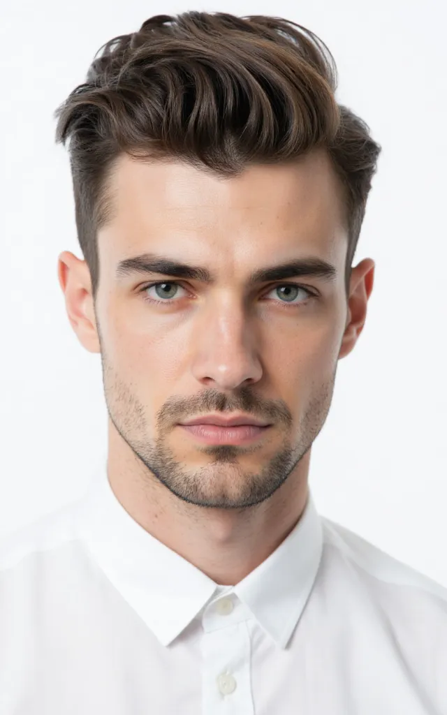 A French male model with a Pompadour, wearing a shirt, against a white background, in a front   facing bust portrait